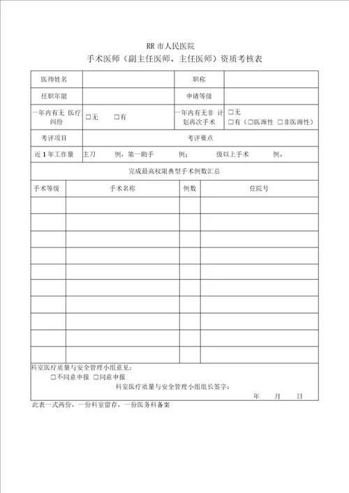医师手术权限申请表 手术医师资质考核表 定期能力评价与再授权表x