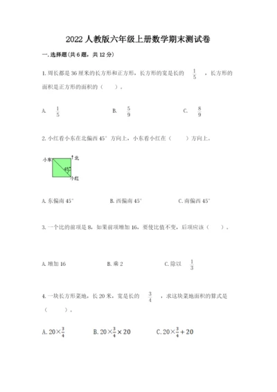 2022人教版六年级上册数学期末测试卷精品【名师系列】.docx