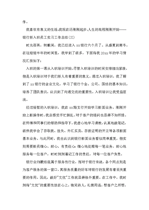 银行新入职员工实习工作总结