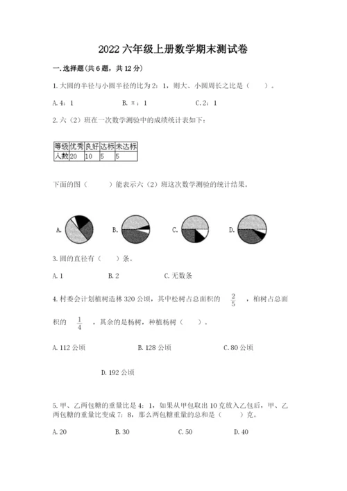 2022六年级上册数学期末测试卷及参考答案【巩固】.docx