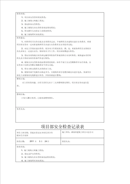 项目部安全检查记录表