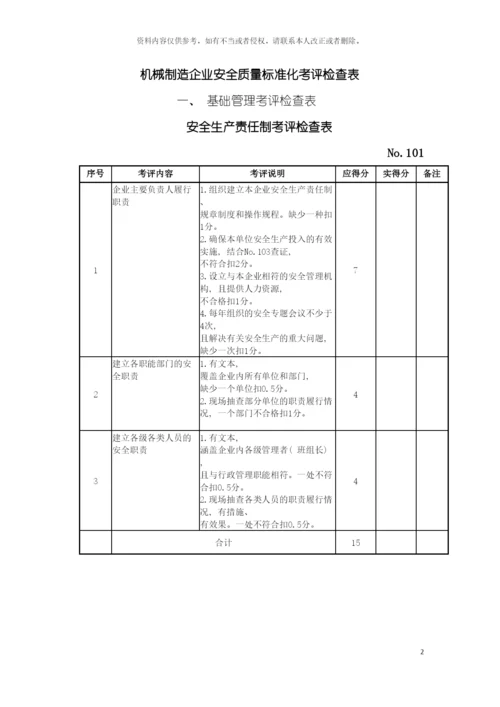 机械制造企业安全质量标准化考评检查表全模板.docx