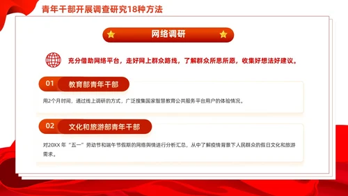 红色简约青年干部开展调查研究18种方法党课PPT党建
