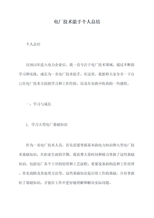电厂技术能手个人总结