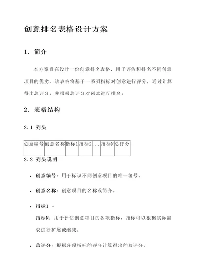 创意排名表格设计方案