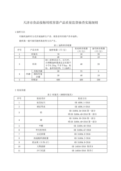 2022天津市食品接触用纸容器产品质量监督抽查实施细则