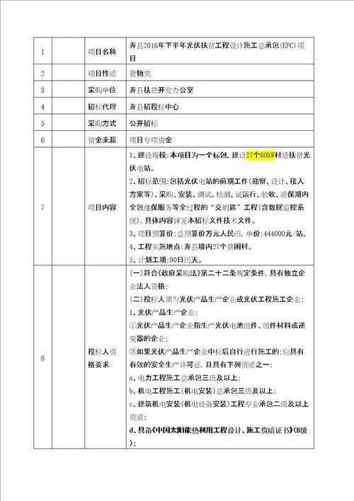 寿县下半年光伏扶贫工程设计施工总承包EPC项目招标文件