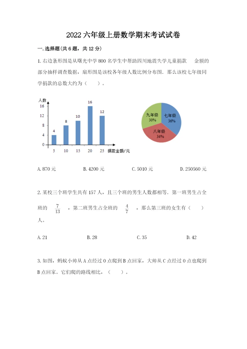 2022六年级上册数学期末考试试卷附完整答案【名师系列】.docx