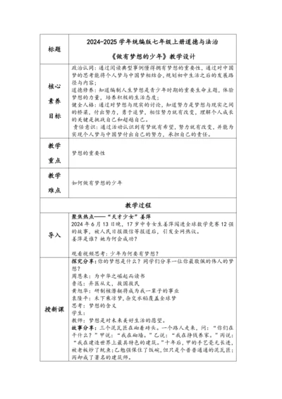 （核心素养目标）3.1《做有梦想的少年》表格式教学设计
