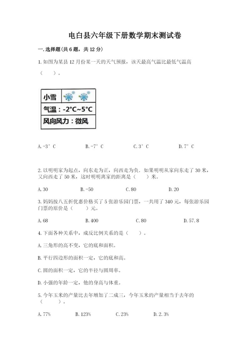 电白县六年级下册数学期末测试卷推荐.docx