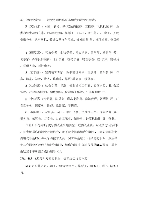 霍兰德职业索引职业兴趣代码与其相应的职业对照表