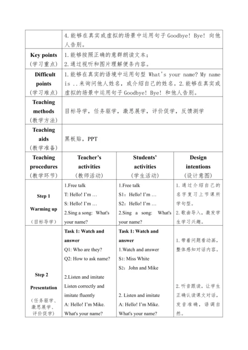 Unit 1 Hello! Part B Let's talk  教学设计