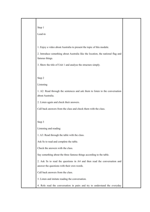 Module 10 Australia 模块表格式教案（5课时）