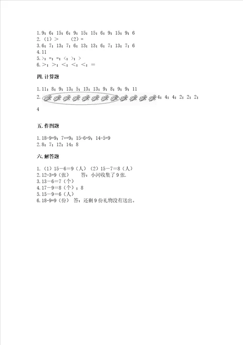 冀教版一年级上册数学第九单元20以内的减法测试卷及答案