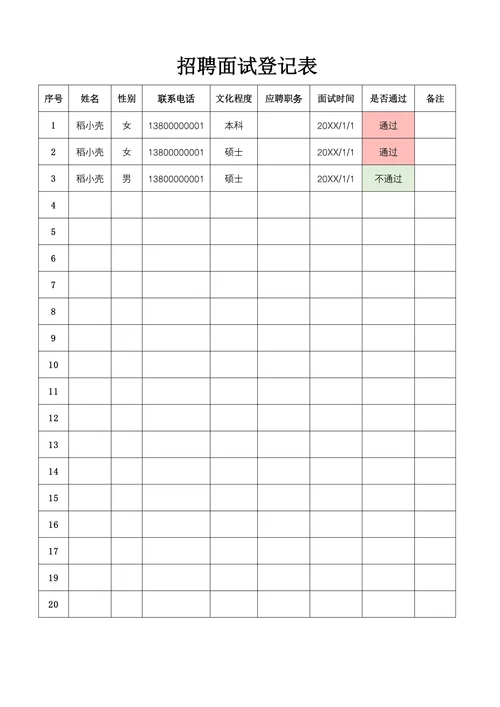 招聘面试登记表模板