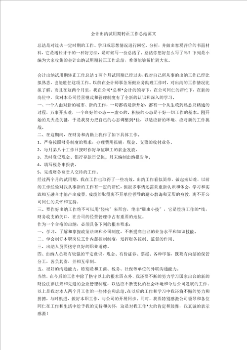 会计出纳试用期转正工作总结范文