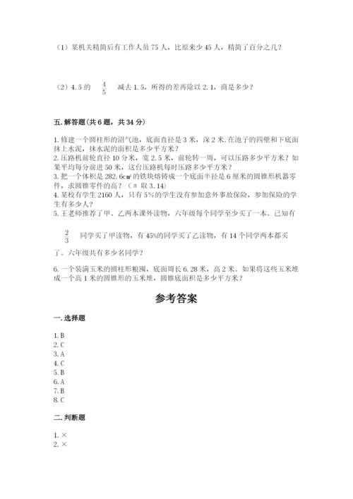 苏教版六年级下册数学期中测试卷及一套答案.docx