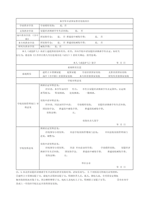 家庭经济困难学生认定暨国家教育资助申请表