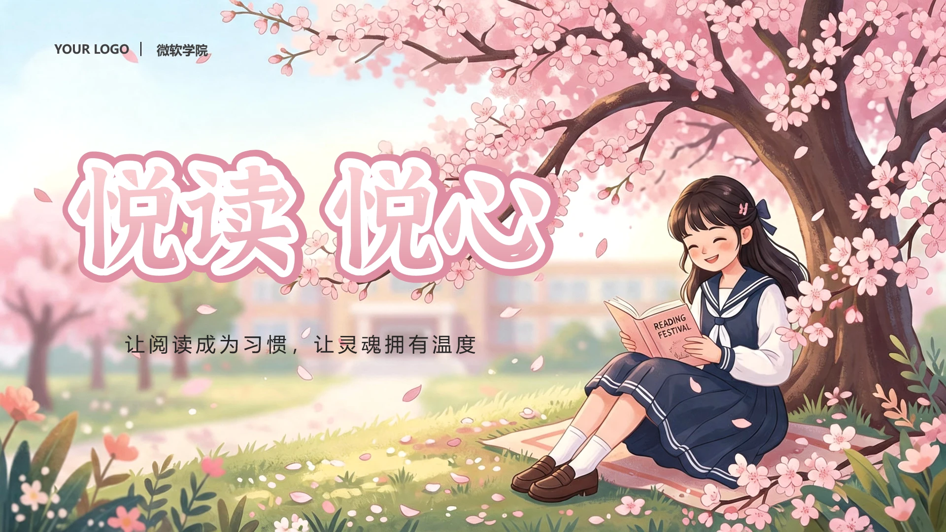粉色卡通风唯美花朵学校读书节活动封面页