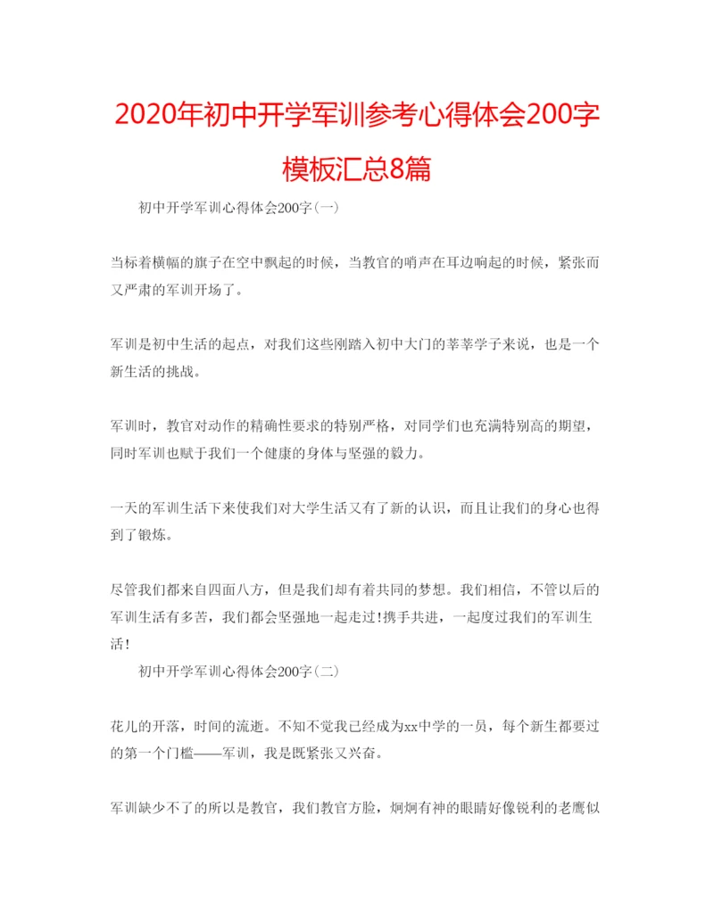 精编年初中开学军训参考心得体会200字模板汇总8篇.docx
