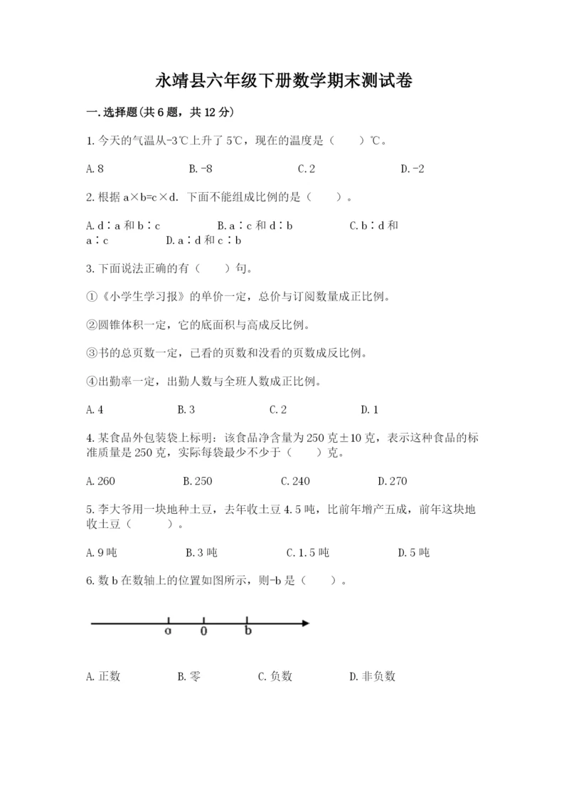 永靖县六年级下册数学期末测试卷（精练）.docx