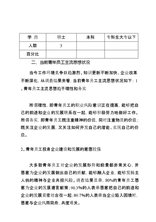 公司青年员工思想动态专题调研报告