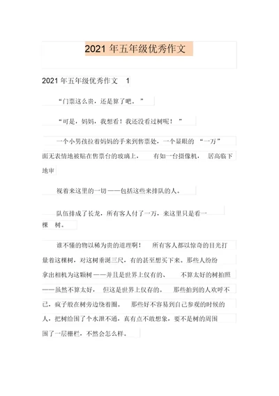 【精编】2021年五年级优秀作文