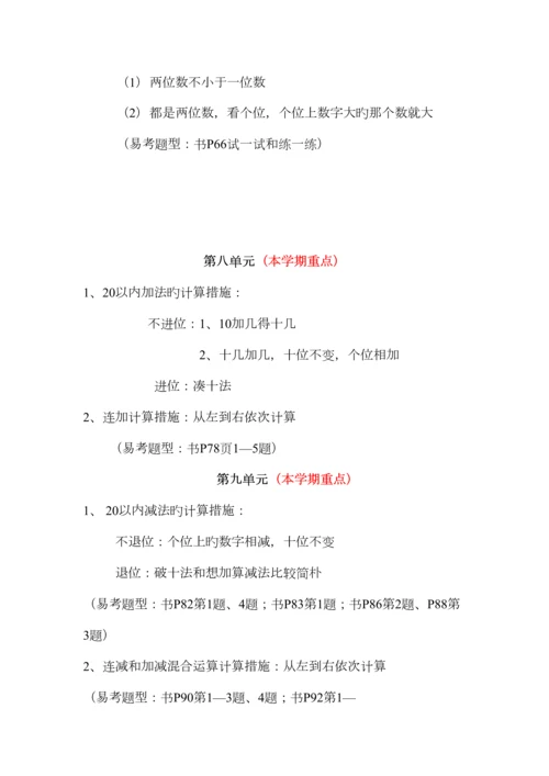 2023年冀教版小学数学一年级上册知识点与易错点.docx