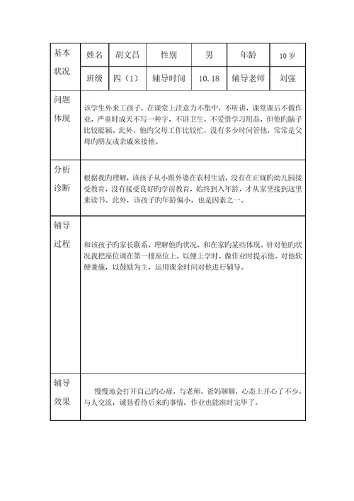 小学生心理健康咨询个案辅导记录表台账