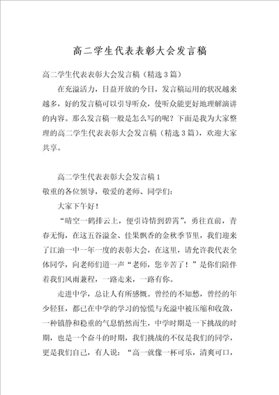 高二学生代表表彰大会发言稿