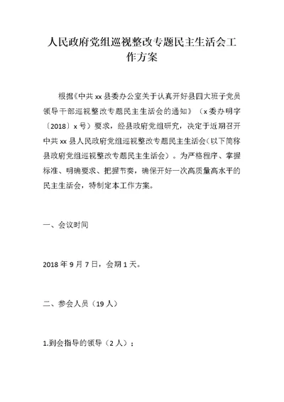人民政府党组巡视整改专题民主生活会工作方案