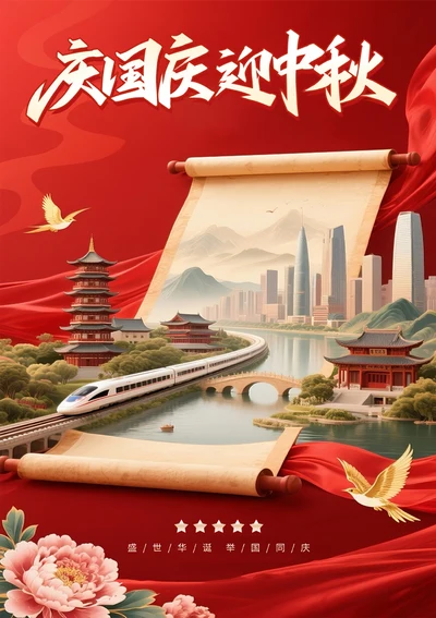 庆国庆迎中秋宣传海报