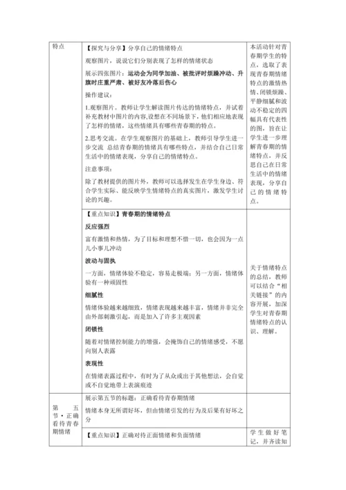 【核心素养目标】4.1 青春的情绪 教学设计（表格式）