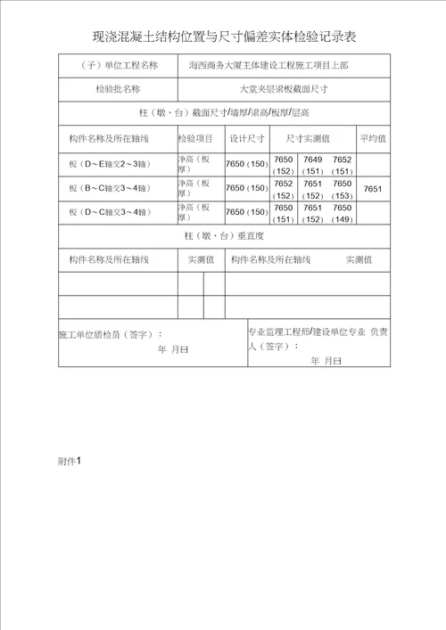 现浇混凝土结构位置与尺寸偏差实体检验记录表