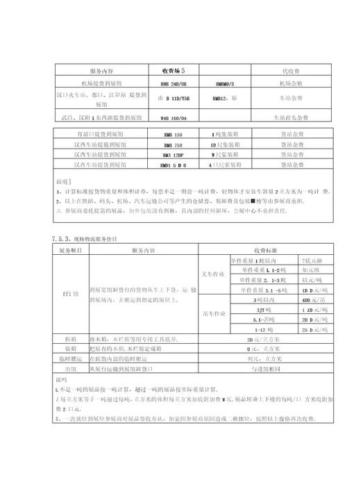 会展中心服务项目及收费标准