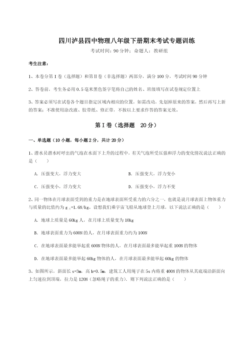 专题对点练习四川泸县四中物理八年级下册期末考试专题训练试题（含解析）.docx