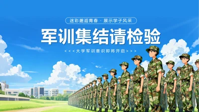 蓝色简约插画风军训动员大会封面PPT单页