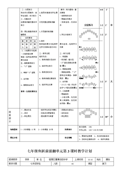 七年级鱼跃前滚翻单元教学设计与教案