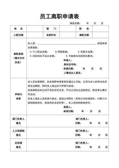 员工离职申请表