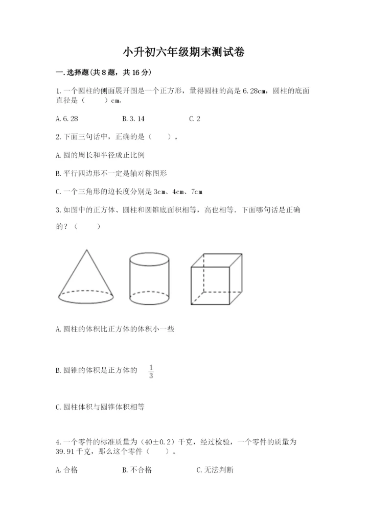 小升初六年级期末测试卷含答案（培优b卷）.docx