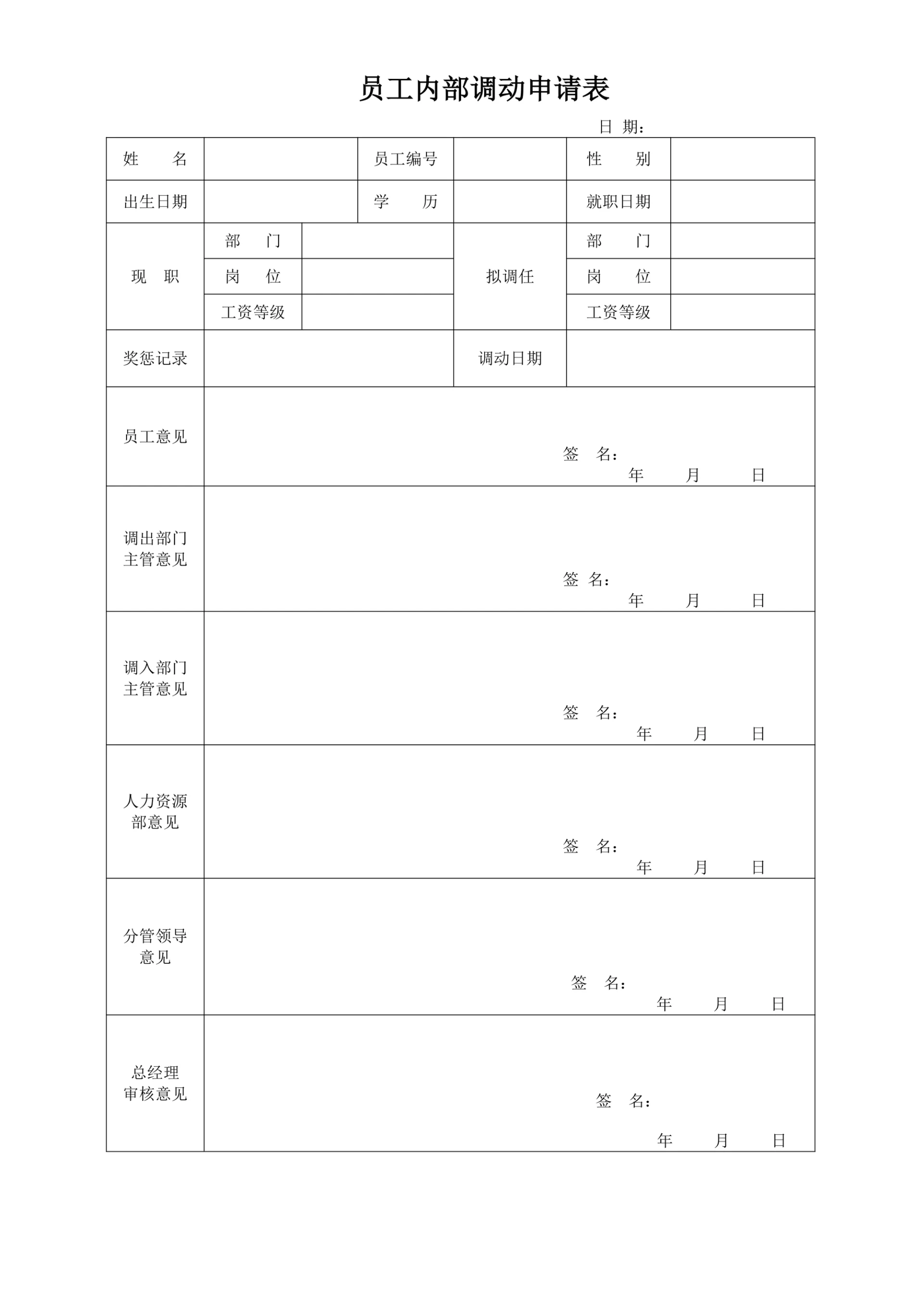 公司标准人事管理内部调动调岗申请单