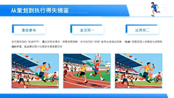 蓝色插画风校园运动会活动方案复盘PPT模板