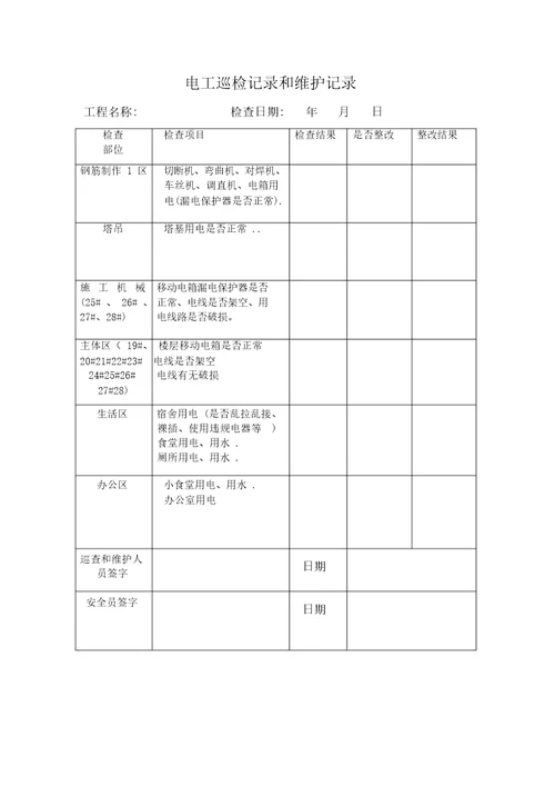 电工巡检记录和维护记录