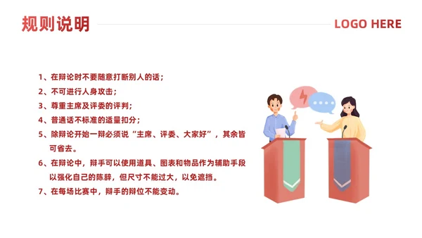 红色简约风辩论赛流程及规则课件
