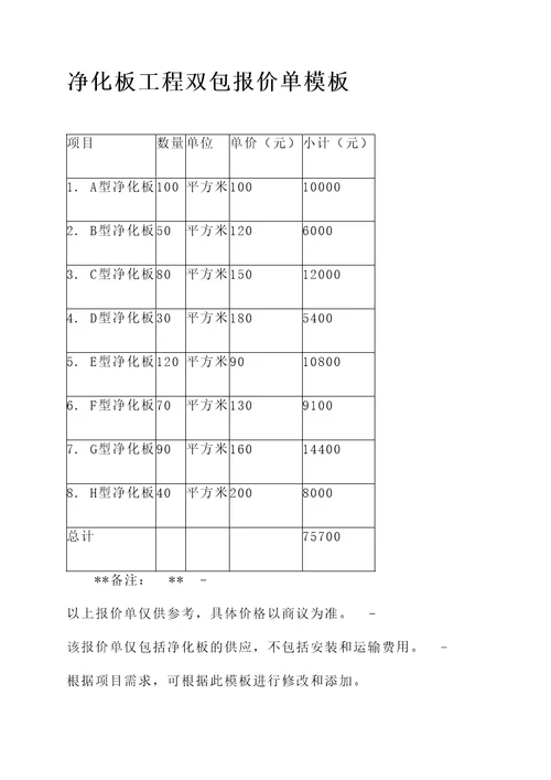 净化板工程双包报价单