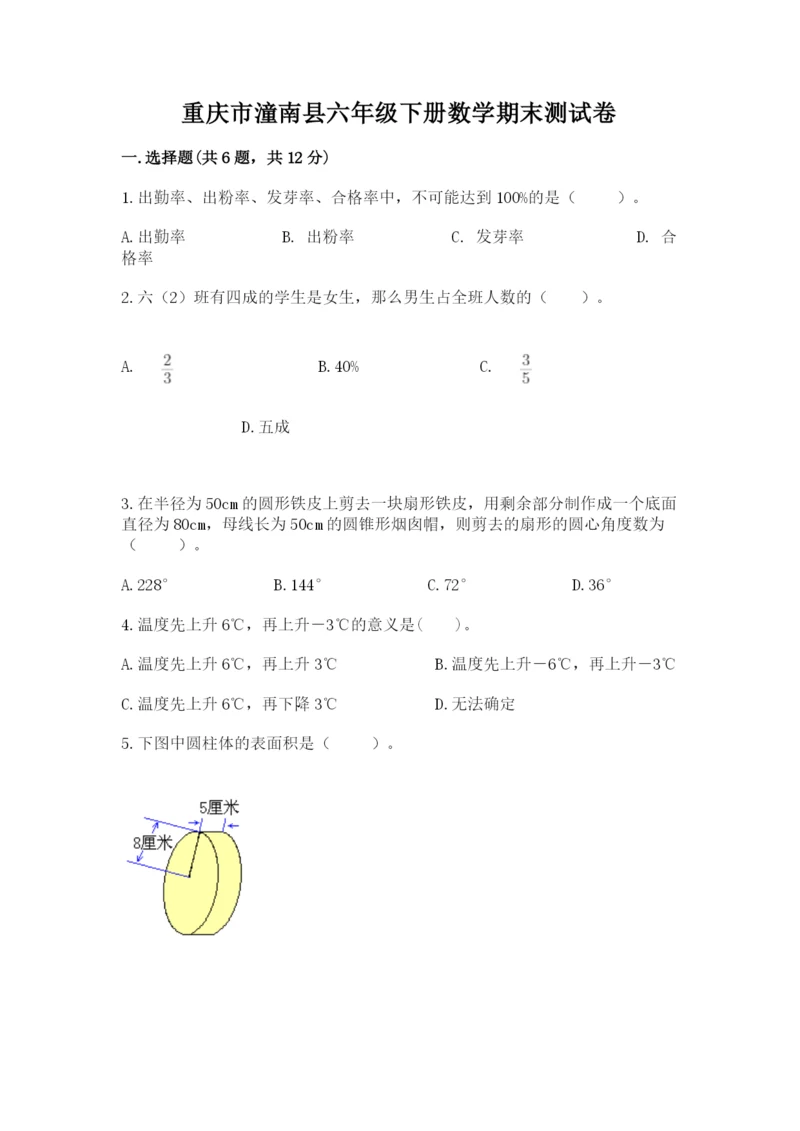 重庆市潼南县六年级下册数学期末测试卷精品含答案.docx