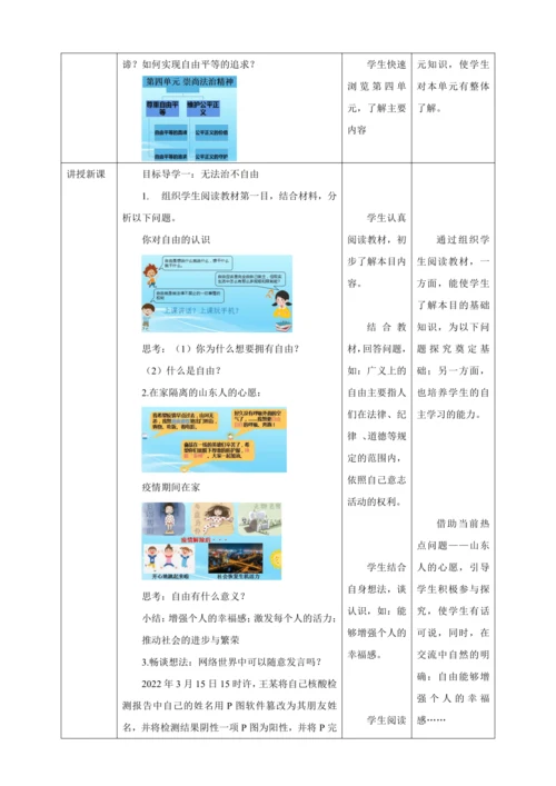 【核心素养目标】7.1 自由平等的真谛 教学设计（表格式）人教版八年级道德与法治 下册