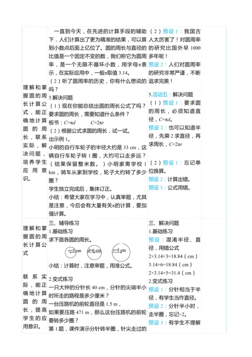 （大单元整体教学）5.3圆的周长（表格式）教学设计 人教版 六年级上册数学
