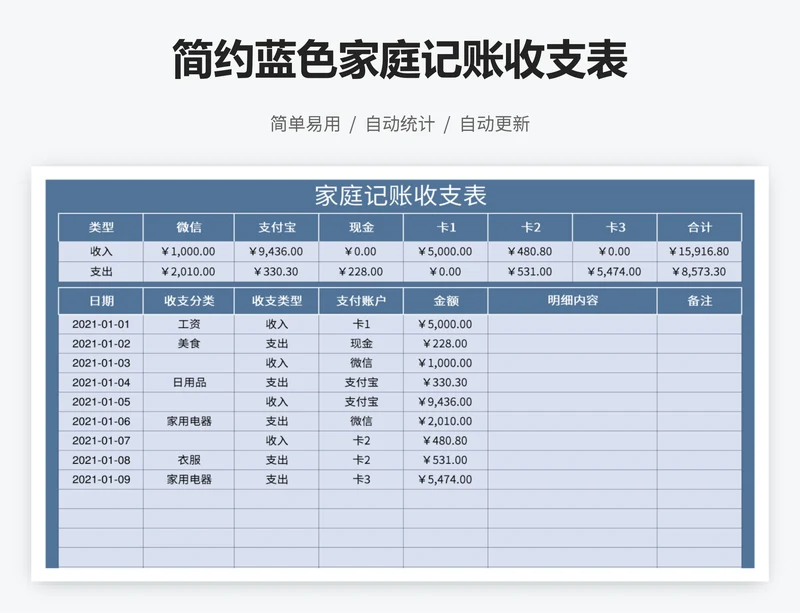 简约蓝色家庭记账收支表