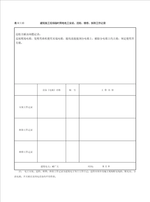 表优质建筑综合施工现场临时用电电工安装巡检维修拆除工作记录